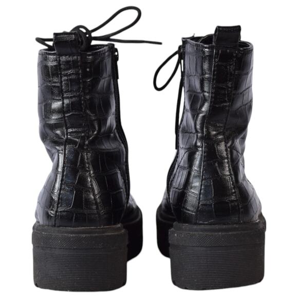 Black Faux Leather Croc Combat Boots – Platform Lace-Up – Size 7 Extra Wide - Picture 5 of 9